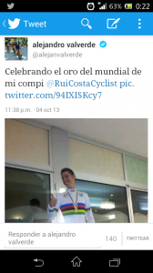 El tuit de Valverde sobre Rui Costa © twitter