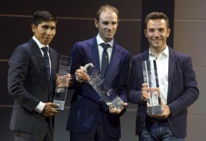 Nairo Quintana, Alejandro Valverde and Jaquim Rodriguez during the UCI cycling gala at Abu Dhabi Du Forum. Abu Dhabi, UAE, 11 ​Octobr​ 2015.​ ANSA/​​ANGELO CARCONI - CLAUDIO PERI